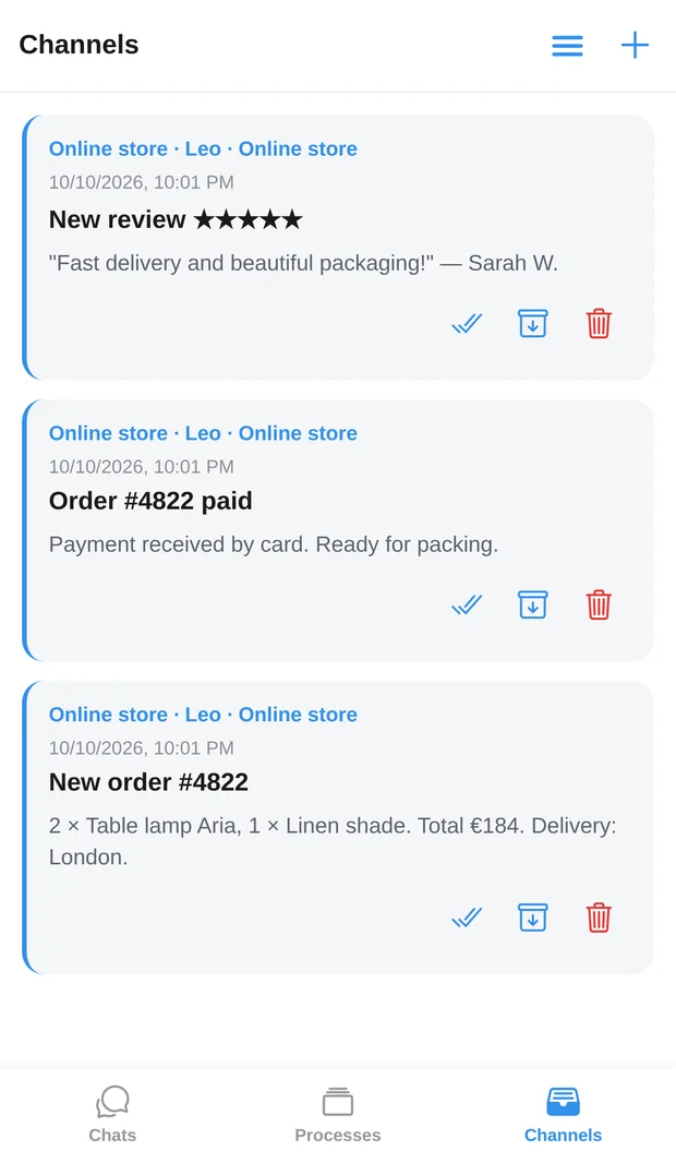 AIRONIK — Channels: orders, payments and reviews from an online store