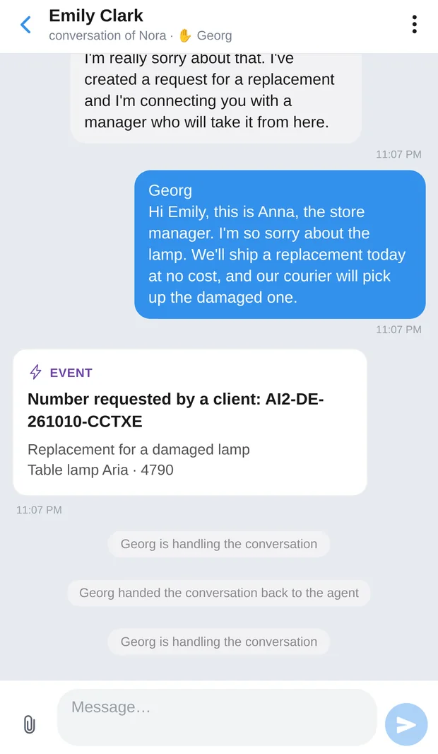 AIRONIK — Operator takeover: a manager replies to the customer instead of the bot